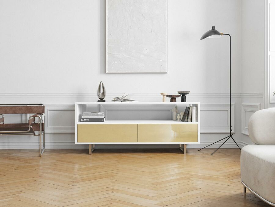 Beton-Sideboard in weiss im Wohnbereich