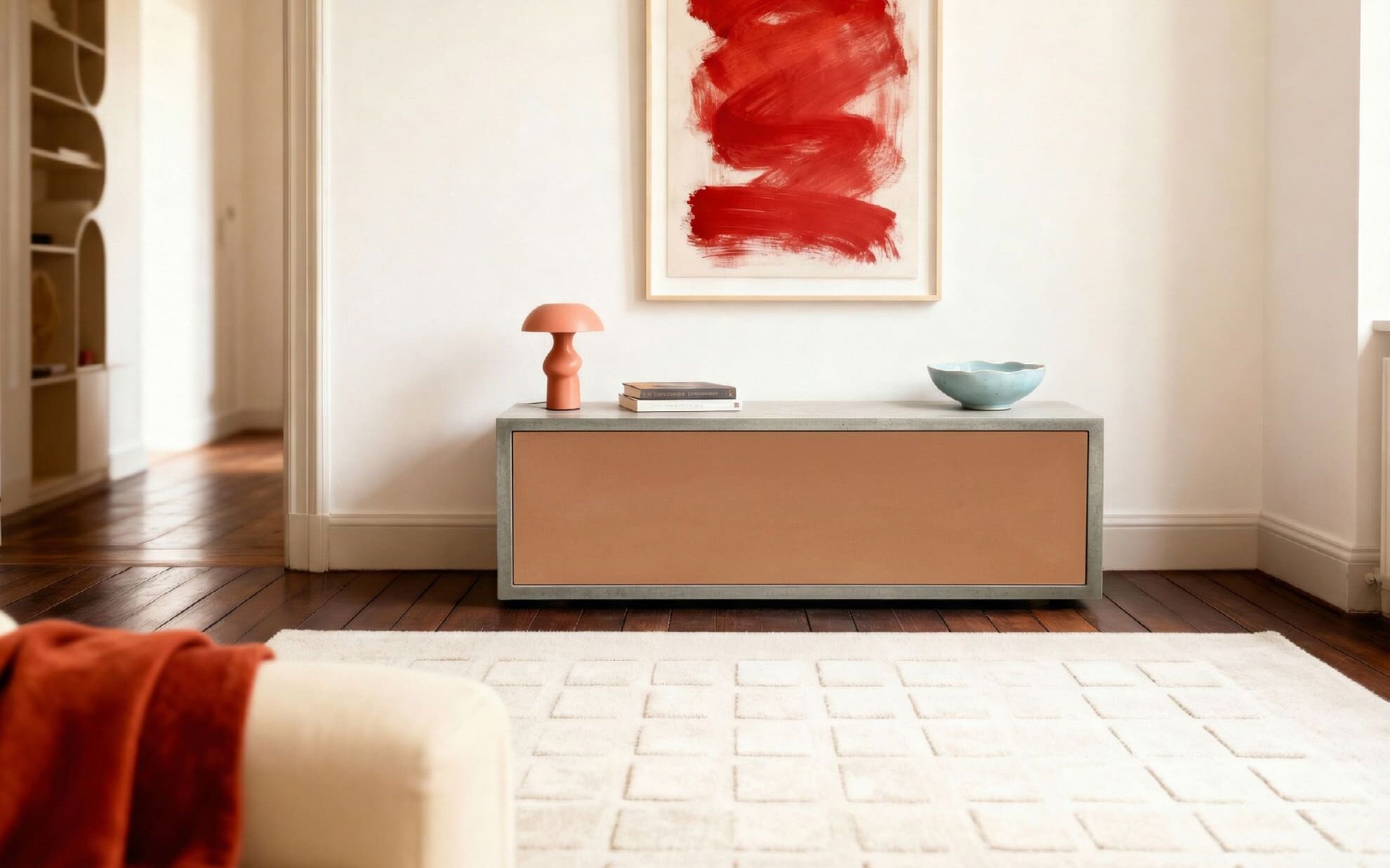 Beton-Lowboard, grau, Kupfer-Front, 120 cm, Betonmöbel