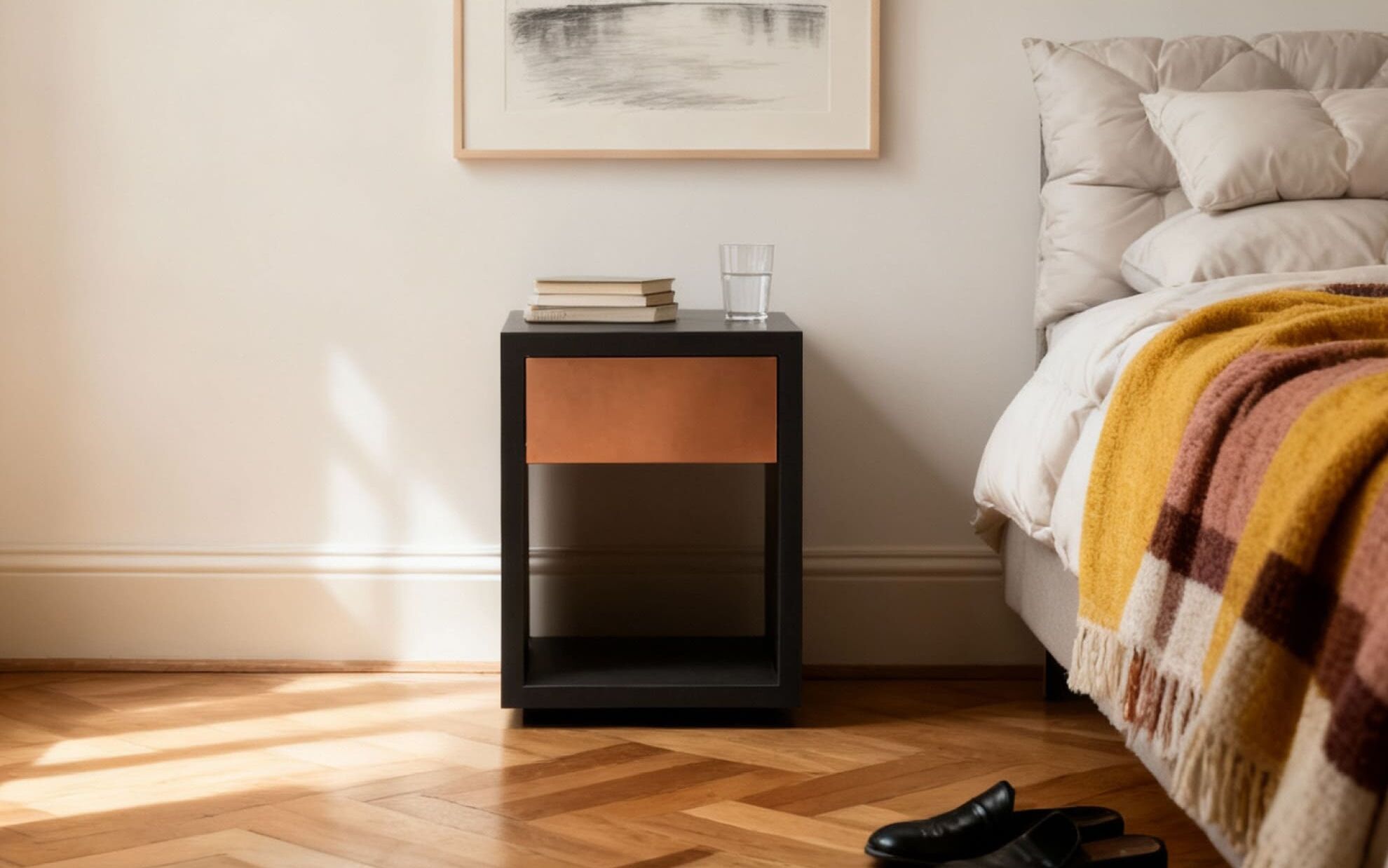 Nachttisch Beton Kupfer im Schlafzimmer
