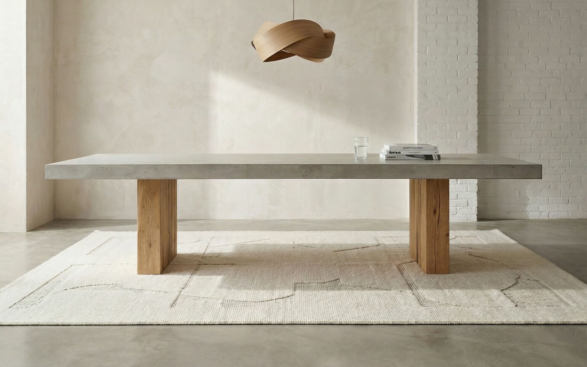 Betontisch mit Holzbeinen in Esszimmer