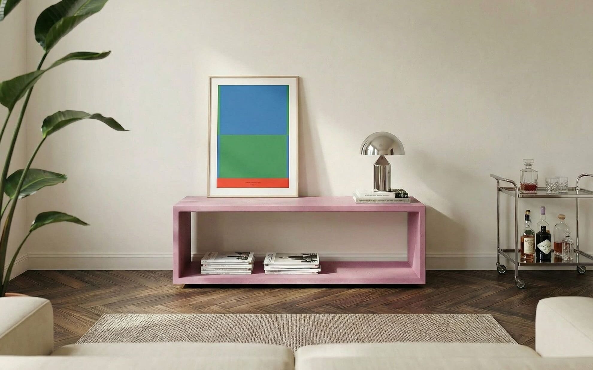 Beton-Lowboard rosa frontal in einem Wohnzimmer