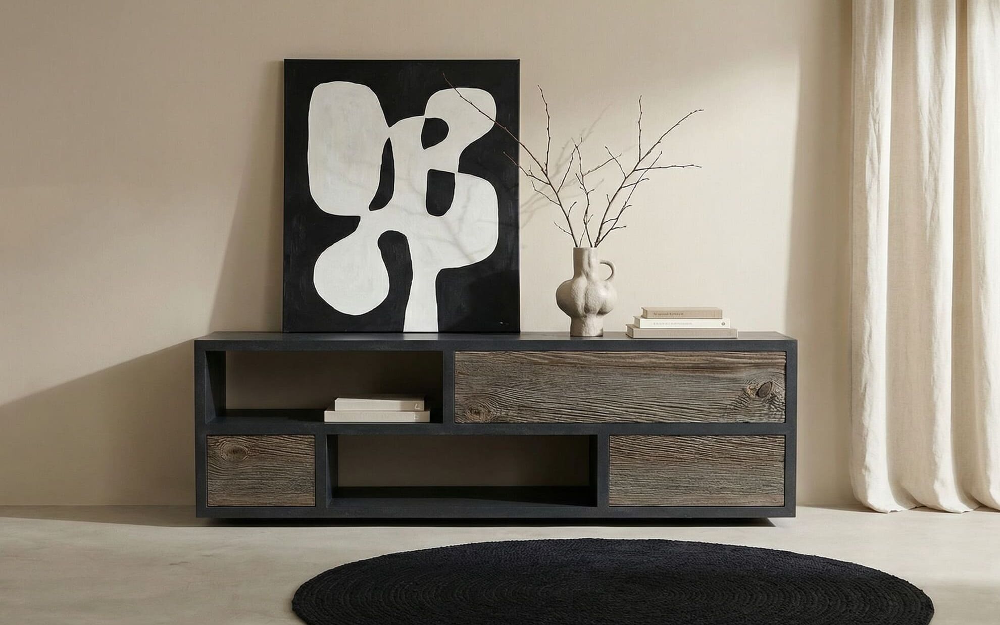 Beton Lowboard mit Schubladen aus Altholz