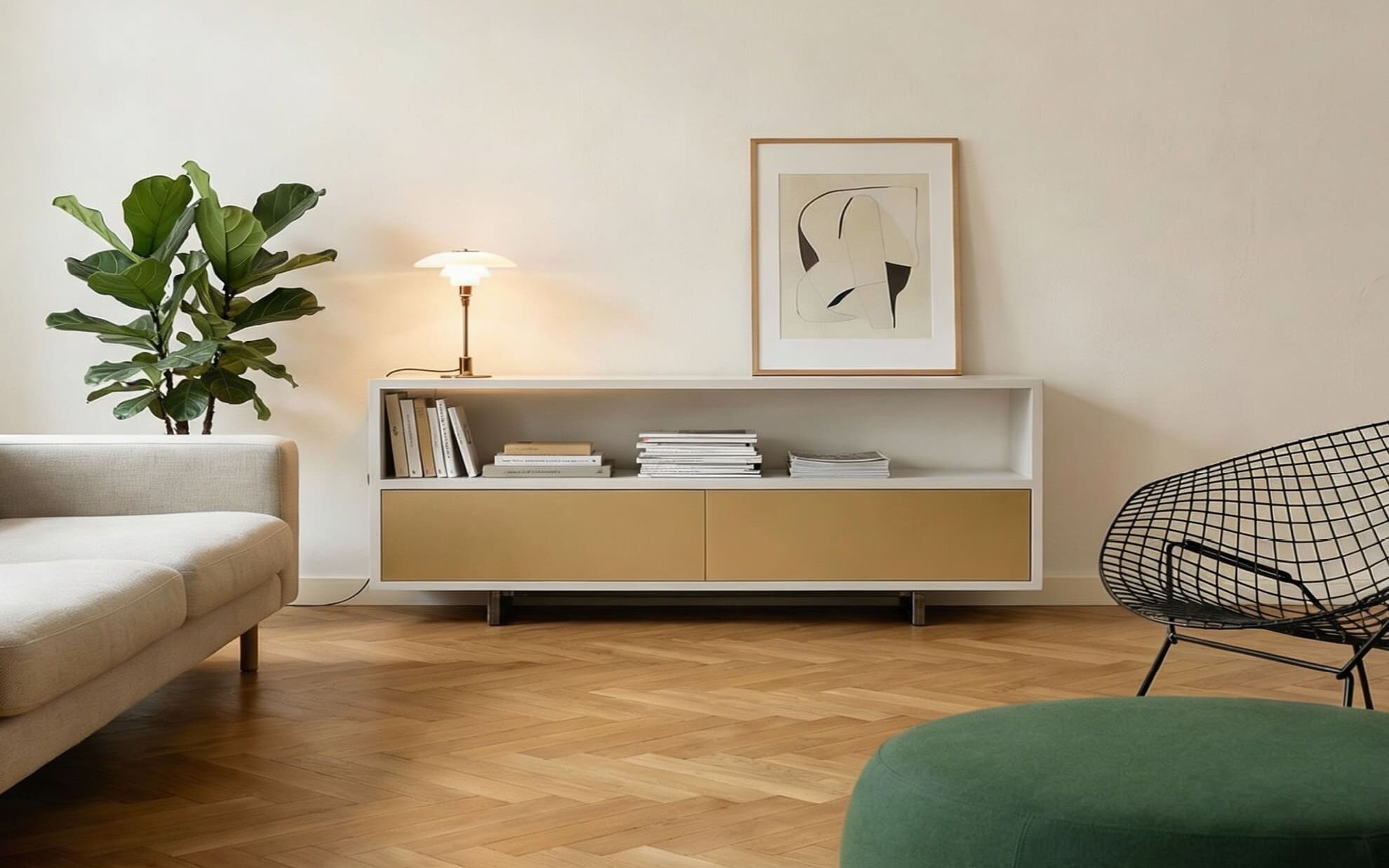 Beton-Sideboard weiss im Wohnzimmer