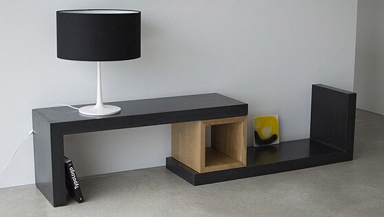 3-teiliges Lowboard aus Beton mit Kubus aus Eiche