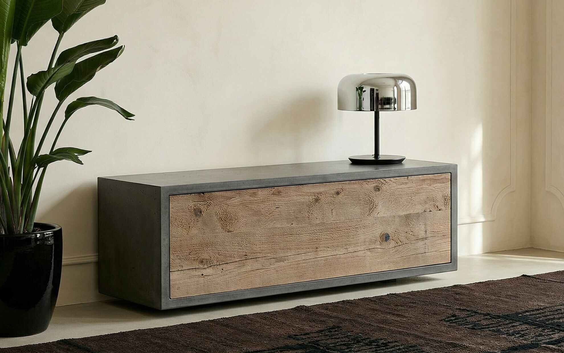 Beton Lowboard mit Holzfront 120c cm in einem Wohnzimmer