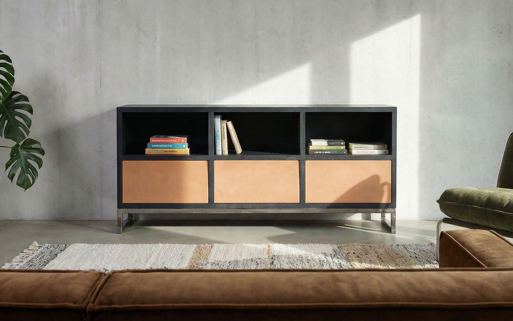 Beton-Sideboard mit 3 Schubladen im Wohnzimmer